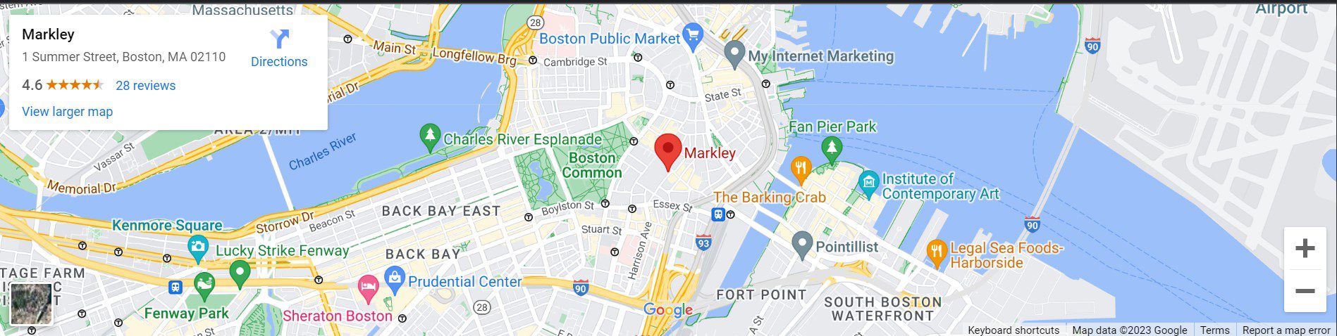 A map of the boston area with a red dot on it.